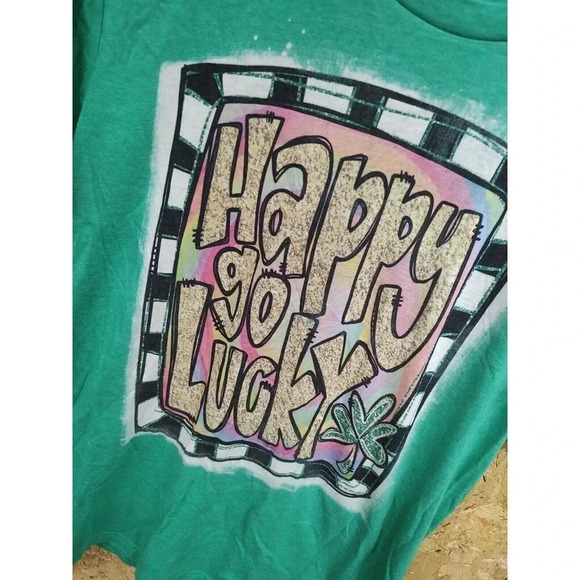 "Happy Go Lucky" St Patrick's Day Green Size Medium Graphic Bleached T-Shirt - Picture 2 of 2